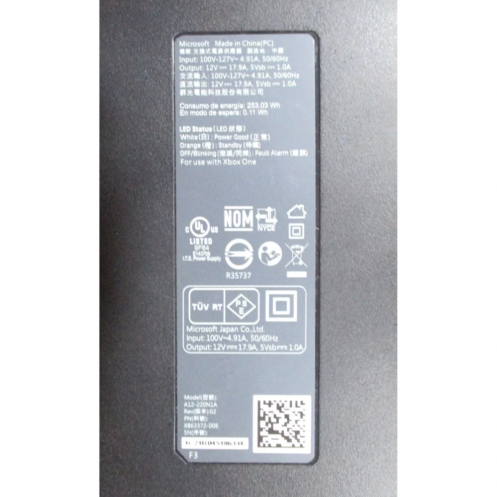 Microsoft Xbox One AC Power Adapter Supply Brick A12-220N1A OEM Black Cord